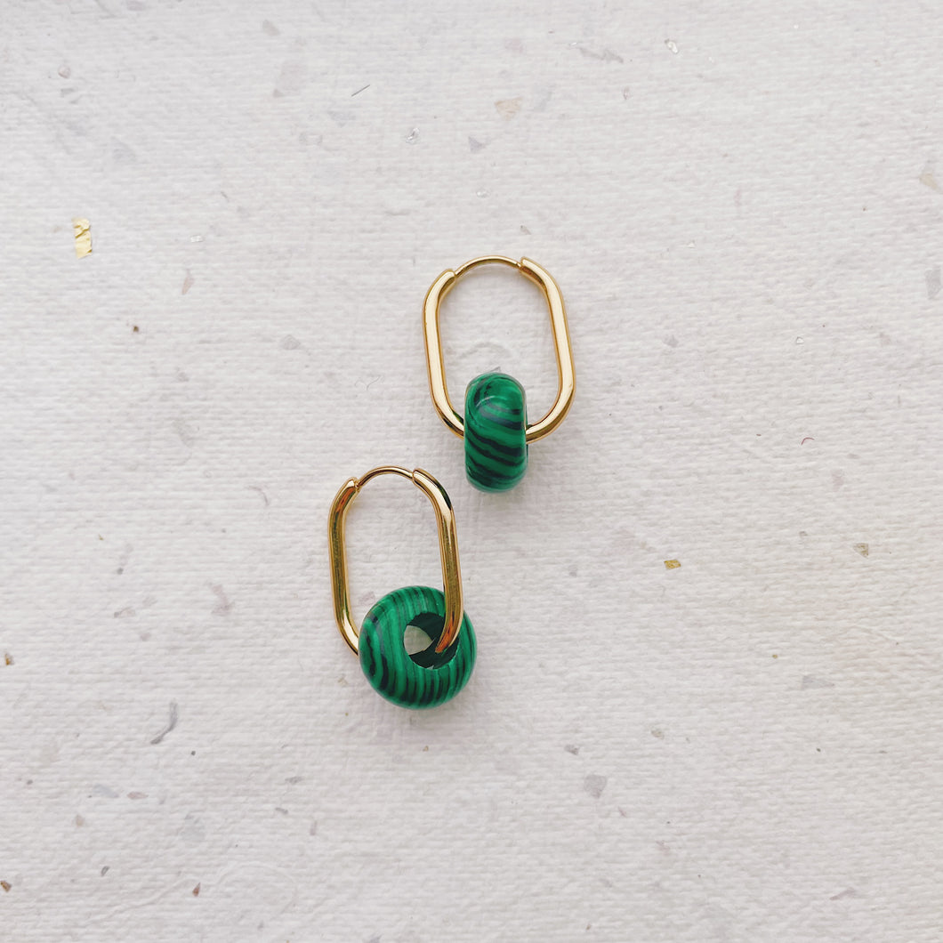 Square Stone Hoops - Calciet green